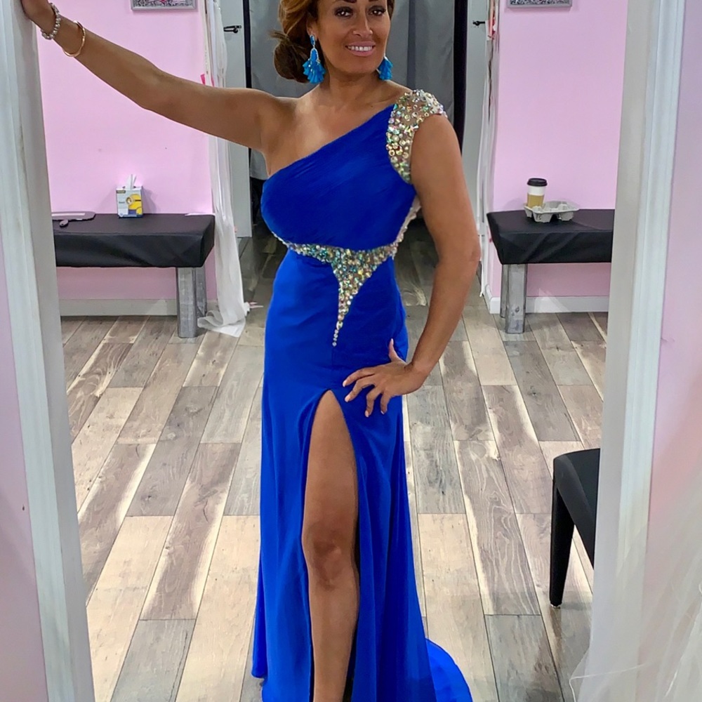 NEW with TAGS cobalt blue sheer back one shoulder